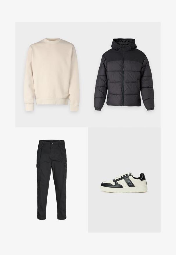Sort pufferjakke med hætte, med lynlåslukning, elastiske manchetter og en quilted design. Øverste sektion er lavet af glat stof.; Beige sweatshirt i en afslappet pasform med rund hals, lange ærmer, ribbede manchetter og kant. Glat overflade med minimal dekoration.; Sorte cargo-bukser lavet af slidstærkt stof, der har flere lommer, en knaplukning og et slim fit design med smalle ben.; Lædersneakers i sort og creme farveskema, med perforerede detaljer, en polstret krave og en struktureret ydersål.