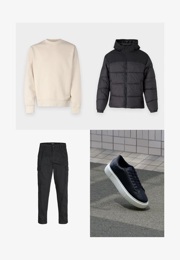 Sort pufferjakke med hætte, med lynlåslukning, elastiske manchetter og en quilted design. Øverste sektion er lavet af glat stof.; Beige sweatshirt i en afslappet pasform med rund hals, lange ærmer, ribbede manchetter og kant. Glat overflade med minimal dekoration.; Sorte cargo-bukser lavet af slidstærkt stof, der har flere lommer, en knaplukning og et slim fit design med smalle ben.; Sort lædersneaker med rund tå og hvid gummisål. Har flade snørebånd og minimal syning på overdelen. Tekstureret sål for bedre greb.