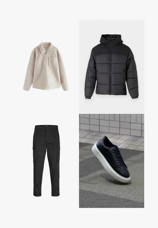 Schwarze Pufferjacke mit Kapuze, ausgestattet mit einem Reißverschluss, elastischen Bündchen und einem gesteppten Design. Der obere Teil besteht aus glattem Gewebe.; Beige Fleece-Pullover mit gemütlicher Textur, halbem Reißverschluss vorne, Kragen und einer linken Brusttasche. Bietet eine lockere Passform und lange Ärmel.; Schwarze Cargo-Hose aus robustem Material, mit mehreren Taschen, einem Knopfverschluss und einem Slim-Fit-Design mit schmal zulaufenden Beinen.; Schwarze Leder-Sneaker mit runder Zehenpartie und weißer Gummisohle. Verfügt über flache Schnürsenkel und minimale Nähte im Obermaterial. Strukturiertes Sohlenprofil für besseren Halt.