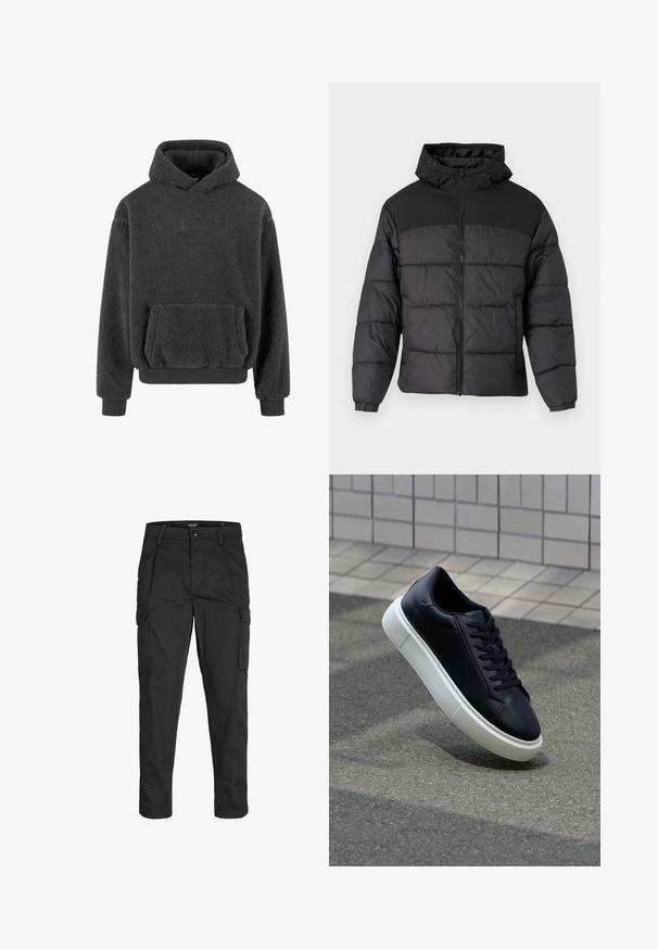 Melns pūka mētelis ar kapuci, ar rāvējslēdzēja priekšpusi, elastīgām apkaklēm un izšuvumu dizainu. Augšējā daļa ir gluda auduma.; Pārsēts pelēks džemperis ar kapuci, ar teksturētu virsmu, kangaroo kabatu un ribinātām piedurknēm un apakšu. Piedāvā nelielu logotipu uz krūšu daļas.; Melnas kravas bikses, izgatavotas no izturīga auduma, ar vairākiem kabatām, pogu aizdari un šaura piegriezuma dizainu ar sašaurinātiem kāju apakšiem.; Melnas ādas kedas ar noapaļotu pirkstu un baltu gumijas zoli. Iespējas - plakanas šņorītes un minimāla apdare augšdaļā. Struktūrēta zole, lai nodrošinātu saķeri.