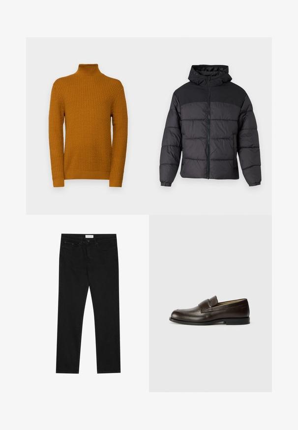 Černá péřová bunda s kapucí, se zipem v přední části, elastickými manžetami a prošívaným designem. Horní část je z hladkého materiálu.; Selected Homme SLHZIG STRUCTURE - Svetr - cathay spice; Černé rovné džíny s pěti kapsami, zapínání na knoflík a zip, a štítek značky Pier One na pase.; Calvin Klein Polobotky - cocoa brown