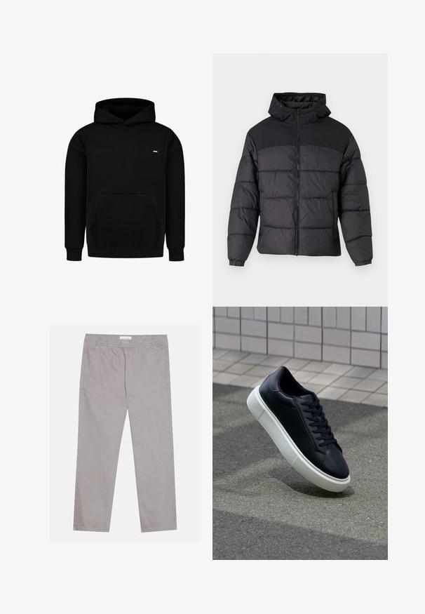 Giacca a vento nera con cappuccio, dotata di chiusura zip frontale, polsini elastici e un design trapuntato. La parte superiore è in tessuto liscio.; Felpa con cappuccio nera realizzata in tessuto misto cotone. Presenta una tasca a marsupio frontale, polsini e orlo a coste, e un piccolo logo sul petto. Design semplice.; Pantaloni di cotone grigio chiaro con vita elastica, due tasche laterali, design a gamba dritta e una trama liscia. Dettaglio di cuciture semplice.; Sneaker in pelle nera con punta arrotondata e suola in gomma bianca. Presenta lacci piatti e cuciture minime sulla parte superiore. Suola testurizzata per una migliore aderenza.