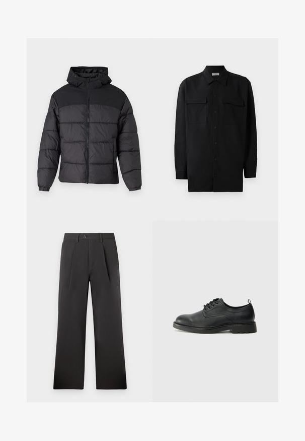 Black puffer jacket with a hood, featuring a zip front, elastic cuffs, and a quilted design. Upper section is smooth fabric.; Black button-up shirt made of smooth fabric, featuring a classic collar, two front pockets, and long sleeves with button cuffs.; Black pleated trousers with a straight-leg design, made from a smooth fabric. Features a button closure and belt loops at the waistband.; Black leather oxford shoe with rounded toe, lace-up design, textured upper, and a sturdy rubber sole featuring small treads.