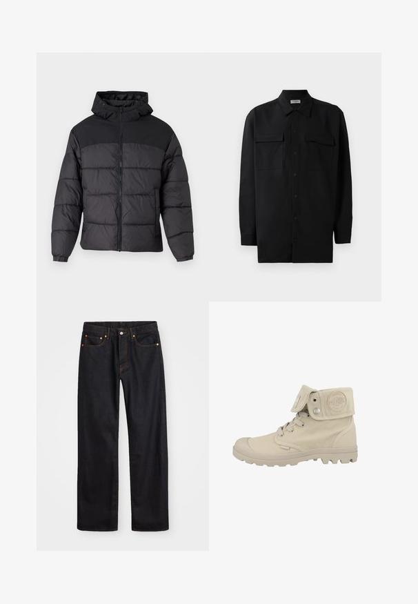 Černá péřová bunda s kapucí, se zipem v přední části, elastickými manžetami a prošívaným designem. Horní část je z hladkého materiálu.; Černá košile na knoflíky vyrobená z hladké tkaniny, s klasickým límcem, dvěma předními kapsami a dlouhými rukávy s knoflíkovými manžetami.; Pánské černé džíny rovného střihu s pěti kapsami a oranžovým prošíváním, s knoflíkem a zipem na předním pásku.; Béžové středně vysoké boty z plátna, s kulatou špičkou, gumovou podrážkou s protiskluzem, šněrovacím designem a klopou s detailem loga.