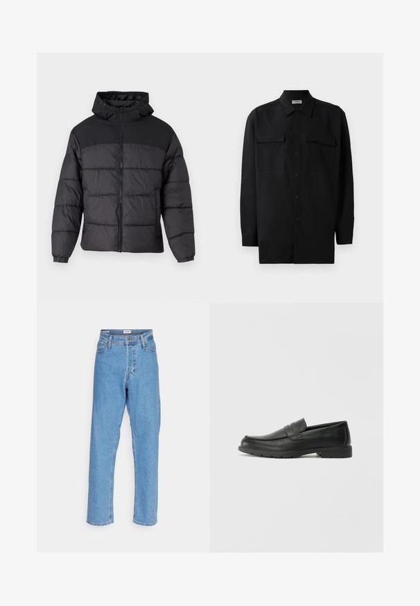 Svart puffjakke med hette, med glidelås foran, elastiske mansjetter og quiltet design. Øvre del har glatt stoff.; Svart skjorte med knapper laget av glatt stoff, med klassisk krage, to frontlommer og lange ermer med knappe mansjetter.; Lyseblå høytlivde rette jeans med frontknapp, glidelås, beltehemper og femlommedesign på hvit bakgrunn.; Svart skinnloafers med glatt finish, mokkasin-stil overdel, broderte detaljer og gummisåle. Klassisk design med lav hæl.