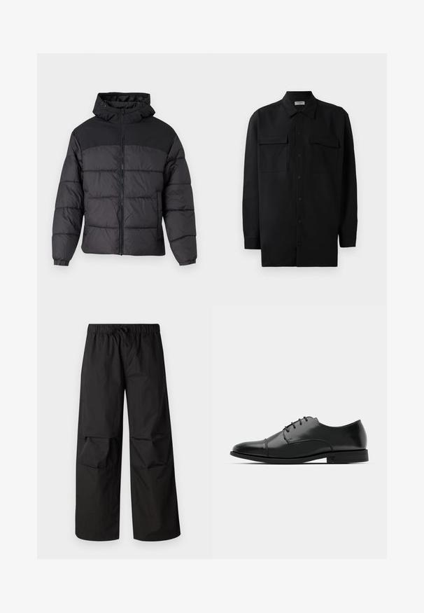 Black puffer jacket with a hood, featuring a zip front, elastic cuffs, and a quilted design. Upper section is smooth fabric.; Black button-up shirt made of smooth fabric, featuring a classic collar, two front pockets, and long sleeves with button cuffs.; Black wide-leg trousers made of lightweight fabric, featuring an elastic waistband with a drawstring and knee panel details.; Black leather dress shoe with a rounded toe, lace-up design, subtle stitching details, and a low heel. Smooth texture with polished finish.