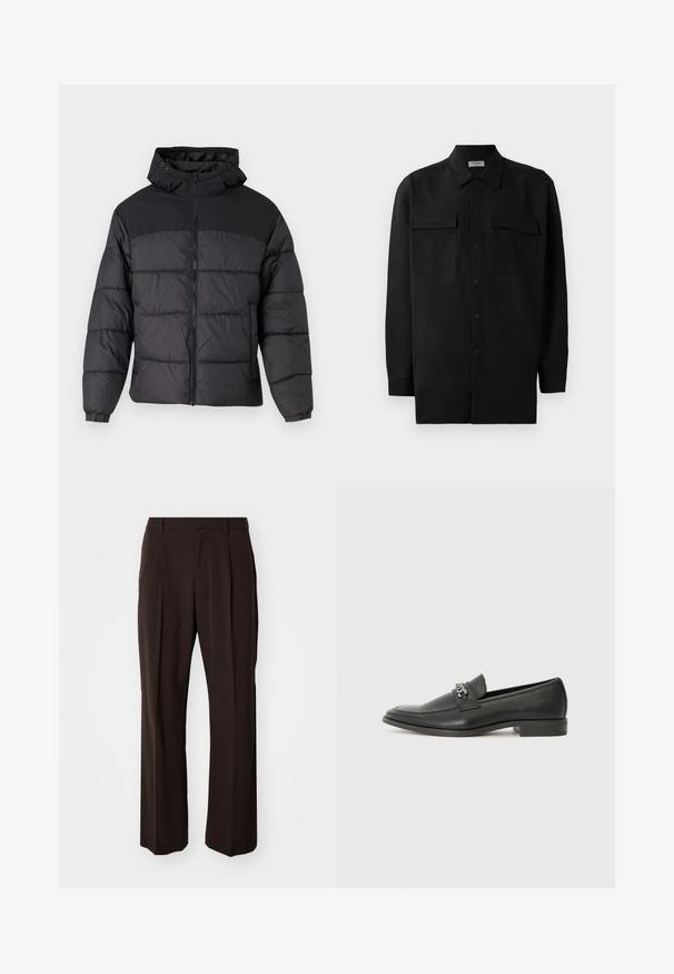 Czarna kurtka puchowa z kapturem, z zamkiem z przodu, elastycznymi mankietami i pikowanym wzorem. Górna część jest z gładkiego materiału.; Czarna koszula z guzikami wykonana z gładkiego materiału, z klasycznym kołnierzykiem, dwoma przednimi kieszeniami i długimi rękawami z mankietami na guziki.; GAP - Spodnie materiałowe; Czarne skórzane mokasyny o gładkim wykończeniu, z haftowanym wzorem i dekoracyjnym akcentem z metalowego łańcucha na wierzchu. Płaska pięta.
