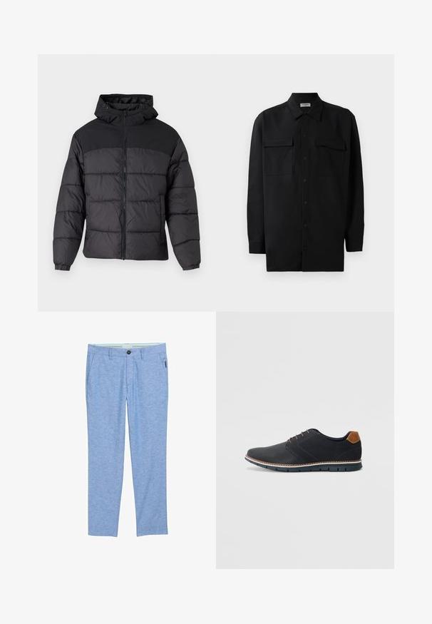 Zwarte pufferjack met een capuchon, voorzien van een rits aan de voorkant, elastische manchetten en een gequilt ontwerp. Het bovenste gedeelte is van gladde stof.; Zwarte button-up shirt gemaakt van gladde stof, met een klassieke kraag, twee voorzakken en lange mouwen met knopenmanchetten.; Lichtblauwe, gestructureerde chino's gemaakt van stof met een subtiel gemêleerd patroon. Voorzien van zijzakken, een enkele achterzak en een knoopsluiting.; Zwarte synthetische schoenen met een gestructureerde bovenkant, gladde accenten, bruine hak en een contrasterende zool. Bevat minimale veters en stikdetails.