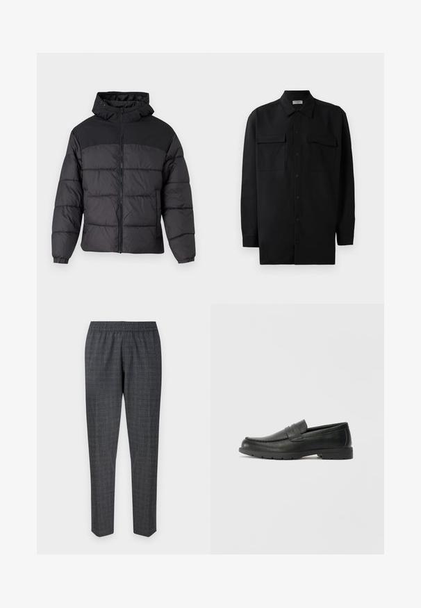 Black puffer jacket with a hood, featuring a zip front, elastic cuffs, and a quilted design. Upper section is smooth fabric.; Black button-up shirt made of smooth fabric, featuring a classic collar, two front pockets, and long sleeves with button cuffs.; Grey checkered trousers featuring an elastic waistband and tapered legs, made from a textured fabric with a subtle pattern.; Black leather loafers with a smooth finish, moccasin-style upper, stitched detailing, and a rubber sole. Classic design with a low heel.
