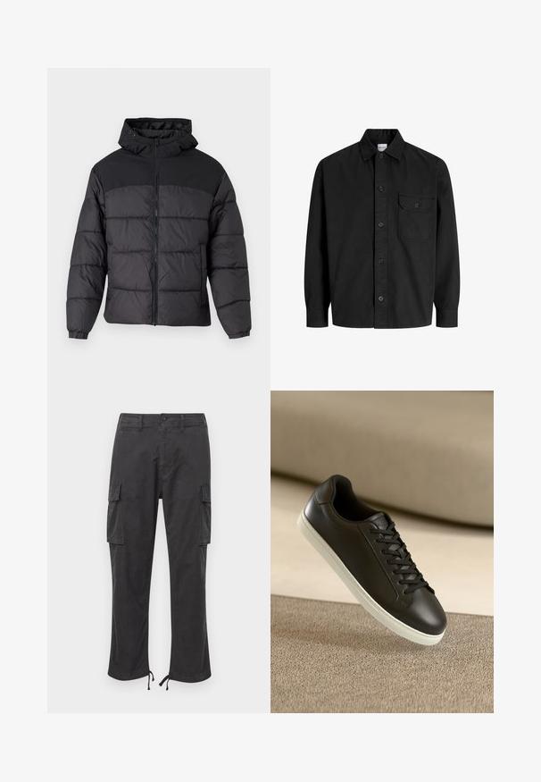 Svart puffjacka med huva, med dragkedja fram, elastiska ärmslut och en kviltad design. Översta delen har en slät tygkvalitet.; Svart långärmad skjorta med knappar, krage och en enda bröstficka med knäppt klaff.; Svarta cargobyxor med två sidofickor, justerbara dragsnoddar vid bensluten, knappstängning och en slät, hållbar tygkänsla.; Svarta lädersneakers med vit gummisula och svarta snörningar, placerade mot en beige tygyta och bakgrund.