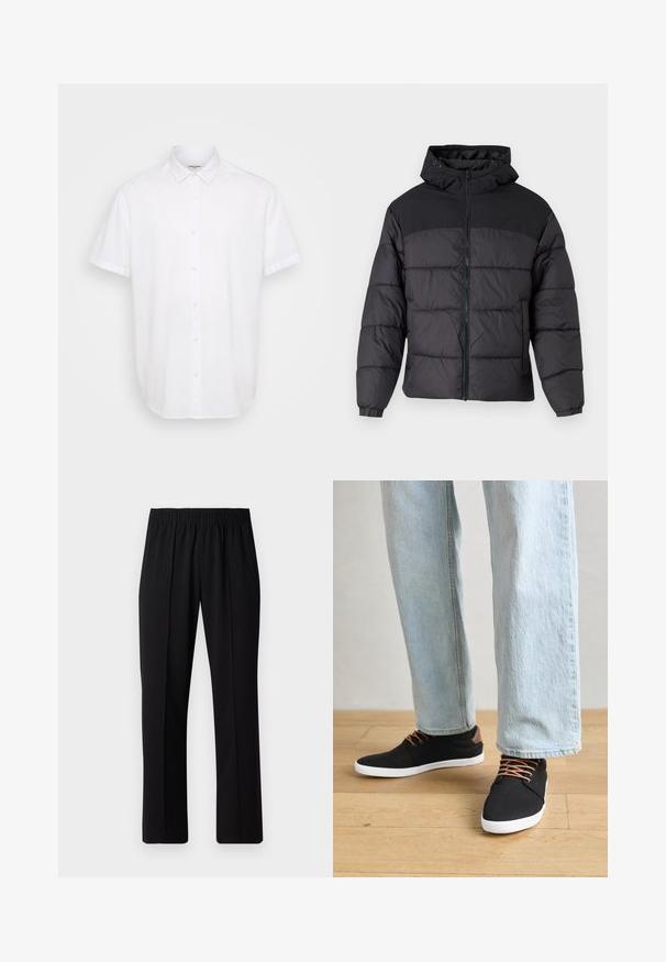 Black puffer jacket with a hood, featuring a zip front, elastic cuffs, and a quilted design. Upper section is smooth fabric.; White short-sleeve button-up shirt made from lightweight fabric. Features a classic collar, straight hem, and subtle texture.; Black, elastic-waist trousers with a straight-leg design, featuring a smooth texture and no visible patterns or hardware.; Black canvas sneakers with brown accents, white rubber soles, and brown laces, paired with light blue straight-leg jeans. Wood floor background.