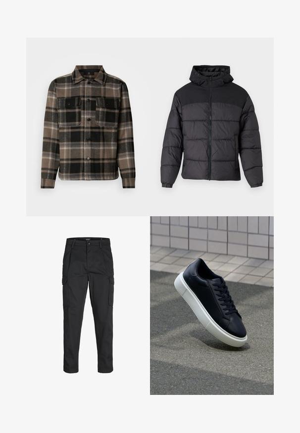 Czarna kurtka puchowa z kapturem, z zamkiem z przodu, elastycznymi mankietami i pikowanym wzorem. Górna część jest z gładkiego materiału.; Brązowa i czarna koszula w kratę wykonana z miękkiego materiału, z przodem na guziki, dwiema kieszeniami na piersi i klasycznym kołnierzykiem.; Czarne spodnie cargo wykonane z wytrzymałego materiału, z wieloma kieszeniami, zapięciem na guzik oraz zwężanym krojem nogawek.; Czarne skórzane sneakersy z okrągłym noskiem i białą gumową podeszwą. Posiadają płaskie sznurowadła i minimalne przeszycia na cholewce. Teksturowana podeszwa zapewnia przyczepność.