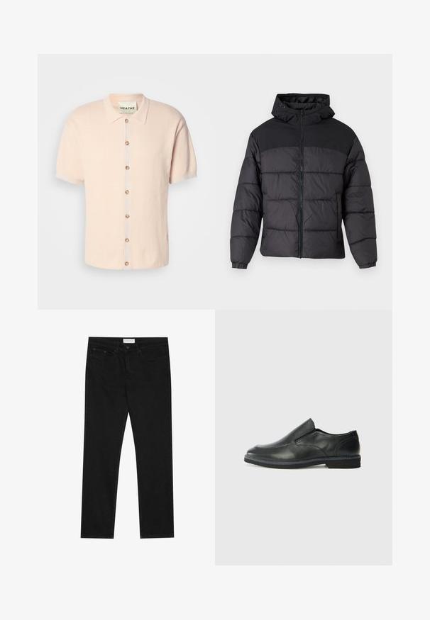 Black puffer jacket with a hood, featuring a zip front, elastic cuffs, and a quilted design. Upper section is smooth fabric.; Short-sleeve collared shirt in soft pink, featuring a textured pattern, front button closure with round buttons, and a logo detail at the hem.; Black straight-leg jeans with five-pocket design, button and zip fly closure, and a Pier One brand label on the waistband.; Black leather slip-on shoe with a smooth upper, stitched accents, rounded toe, and a low rubber heel. Sole features minimal tread.