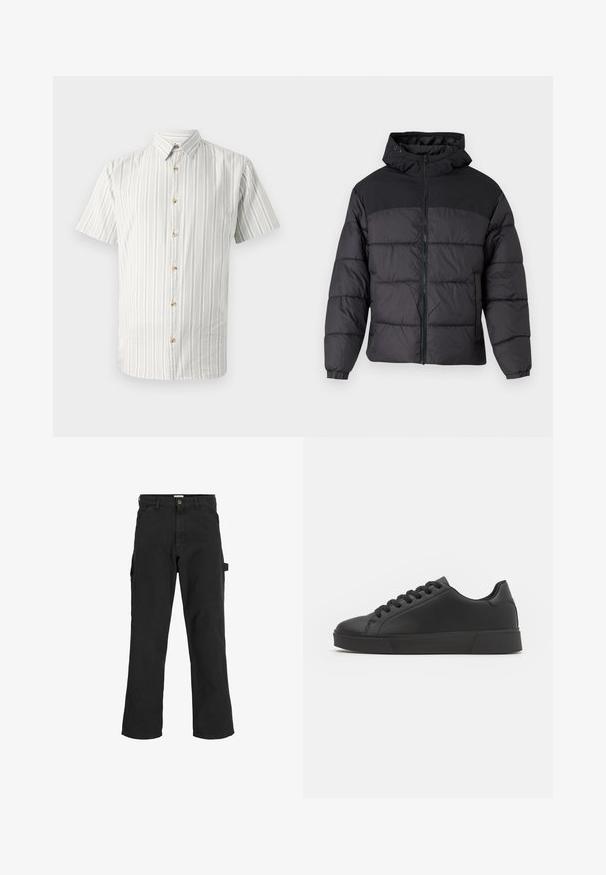 Schwarze Pufferjacke mit Kapuze, ausgestattet mit einem Reißverschluss, elastischen Bündchen und einem gesteppten Design. Der obere Teil besteht aus glattem Gewebe.; Kurzarmhemd in hellgrün mit weißen Streifen, ausgestattet mit einem button-down Kragen und Holzknöpfen an der Vorderseite. Weicher, atmungsaktiver Stoff.; Schwarze Cargo-Hosen aus einem Baumwoll-Mischgewebe. Mit weitem Bein, schrägen Taschen vorne und einer Seitentasche mit einer Schlaufe für Accessoires.; Schwarze Low-Top-Sneaker aus glattem synthetischem Material. Abgerundete Zehenkappe, Schnürdesign und flache Gummisohle mit strukturierten Akzenten.