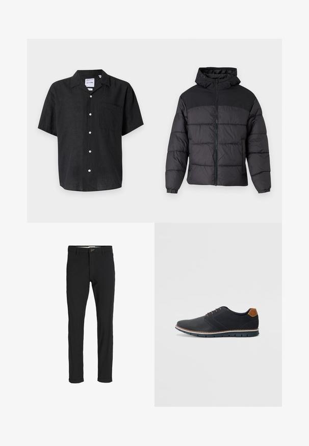 Giacca a vento nera con cappuccio, dotata di chiusura zip frontale, polsini elastici e un design trapuntato. La parte superiore è in tessuto liscio.; Camicia nera a maniche corte con bottoni, realizzata in lino. Presenta una tasca sul lato sinistro del petto e bottoni bianchi che contrastano con la texture del tessuto.; Pantaloni neri in cotone misto con vestibilità slim, dotati di chiusura con bottone, tasche e orli arrotolati per un look informale.; Scarpe sintetiche nere con tomaia testurizzata, dettagli lisci, tacco marrone e suola a contrasto. Presentano una lacerazione minimale e dettagli di cucitura.