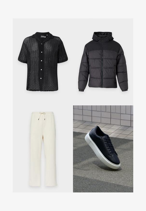 Czarna kurtka puchowa z kapturem, z zamkiem z przodu, elastycznymi mankietami i pikowanym wzorem. Górna część jest z gładkiego materiału.; Czarna koszula krótki rękaw z materiału koronkowego, z wzorem w zygzak, kołnierzykiem i zapięciem na guziki z białymi guzikami.; Kremowe, prążkowane spodnie dresowe z elastycznym paskiem i sznurkiem, z dwoma bocznymi kieszeniami i prostym krojem nogawek.; Czarne skórzane sneakersy z okrągłym noskiem i białą gumową podeszwą. Posiadają płaskie sznurowadła i minimalne przeszycia na cholewce. Teksturowana podeszwa zapewnia przyczepność.