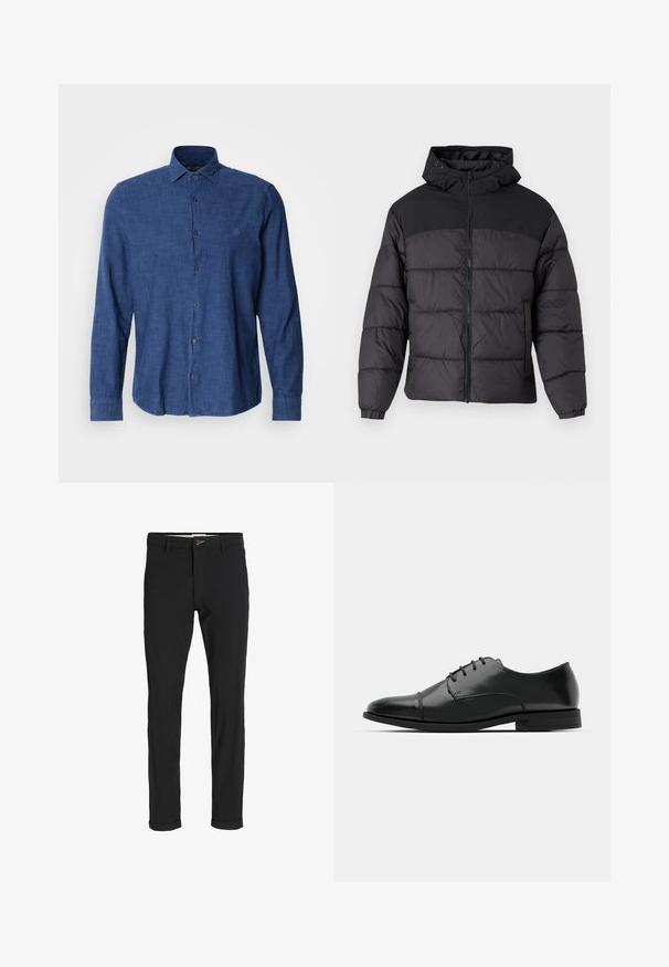 Geacă puffer neagră cu glugă, cu fermoar în față, manșoane elastice și un design matlasat. Secțiunea superioară este dintr-un material neted.; Cămașă albastră cu mânecă lungă, confecționată dintr-un material texturat, având un guler tradițional, nasturi la față și o broderie subtilă a logo-ului pe piept.; Pantaloni negri din bumbac cu un croi slim, având închidere cu nasture, buzunare și manșete răsturnate pentru un aspect casual.; Pantofii negri din piele, cu vârful rotunjit, design cu șireturi, detalii de cusătură subtile și toc joasă. Textura netedă cu un finisaj lustruit.