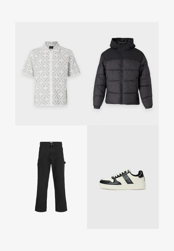 Crna puf jakna s kapuljačom, s prednjim zipom, elastičnim manžetama i kuglastim dizajnom. Gornji deo je od glatkog materijala.; Košulja kratkih rukava od bijelog materijala s sivim geometrijskim uzorcima, s oštrim ovratnikom i prednjim dugmadi, koja prikazuje otvorene detalje.; Crne cargo hlače od mješavine pamuka. Imaju široke nogavice, prednje kuteve džepove i bočni džep s petljom za dodatke.; Kožne tenisice s crno-bijelom paletom boja, koje imaju perforirane akcentne detalje, podstavljeni ovratnik i teksturiranu potplat.