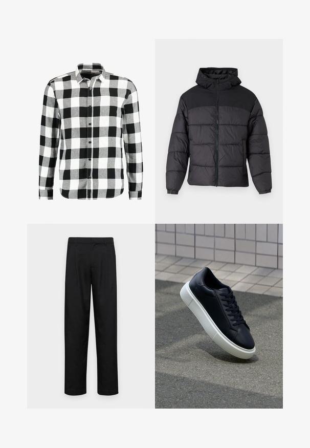 Black puffer jacket with a hood, featuring a zip front, elastic cuffs, and a quilted design. Upper section is smooth fabric.; Only & Sons ONSGUDMUND CHECKED SHIRT - Shirt - cloud dancer; Black trousers made of smooth fabric, featuring a straight-leg design, two front pleats, and standard waistband with belt loops.; Black leather sneaker with rounded toe and white rubber sole. Features flat laces and minimal stitching on the upper. Textured sole for grip.
