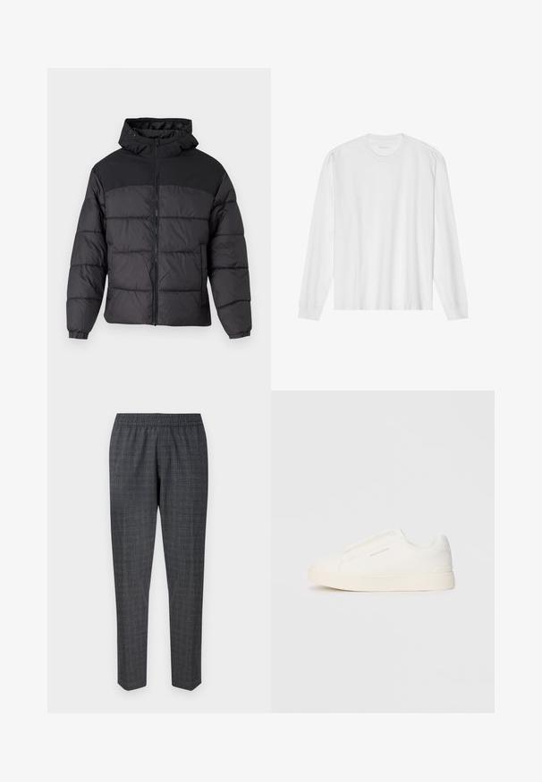 Czarna kurtka puchowa z kapturem, z zamkiem z przodu, elastycznymi mankietami i pikowanym wzorem. Górna część jest z gładkiego materiału.; Biała bawełniana koszulka z długim rękawem z okrągłym dekoltem i ściągaczami. Prosty, nieozdobny design, charakteryzujący się gładką fakturą i standardowym krojem.; Szare w kratę spodnie z elastycznym paskiem w talii i zwężanymi nogawkami, wykonane z teksturowanej tkaniny o subtelnym wzorze.; Białe sneakersy wsuwane z teksturowanej powierzchni, grubą podeszwą i minimalistycznym designem. Zawierają logo marki z boku.