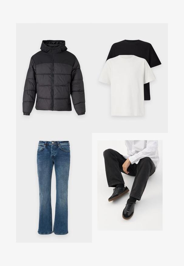 Zwarte pufferjack met een capuchon, voorzien van een rits aan de voorkant, elastische manchetten en een gequilt ontwerp. Het bovenste gedeelte is van gladde stof.; Katoenen T-shirt set met een zwarte top en een witte top, beide met korte mouwen, ronde hals en een standaard pasvorm. Textuurstof.; Denim flared jeans in medium blauw. Heeft een klassiek vijf-pocket ontwerp, subtiele vervaging en een ritssluiting met een knoopsluiting.; Zwarte sneakers met een glad en textuur detail, voorzien van een rubberen zool en donkere veters. Gecombineerd met zwarte jeans en een wit gestreept shirt.