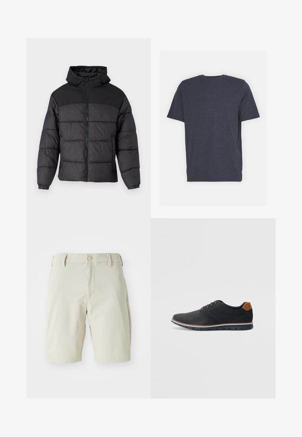 Black puffer jacket with a hood, featuring a zip front, elastic cuffs, and a quilted design. Upper section is smooth fabric.; Navy blue crew neck t-shirt made of soft cotton blend fabric, with short sleeves and a regular fit. No visible patterns or accents.; Beige shorts made of lightweight fabric, featuring a flat front, belt loops, and a single button closure. Simple, clean design with no patterns.; Black synthetic shoes with a textured upper, smooth accents, brown heel, and a contrasting sole. Features minimal lacing and stitch details.