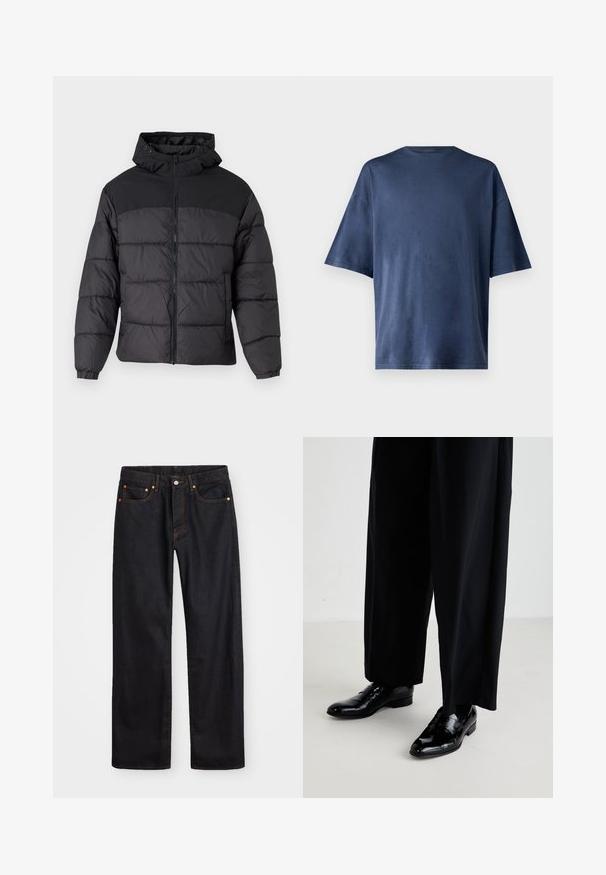 Black puffer jacket with a hood, featuring a zip front, elastic cuffs, and a quilted design. Upper section is smooth fabric.; Navy blue short-sleeve T-shirt, made of soft fabric, features a classic crew neck and relaxed fit, with no visible patterns or accents.; Men’s straight-leg black denim jeans with five pockets and orange stitching, button and zip closure on front waistband.; Black leather dress shoes with a glossy finish, featuring a smooth toe and a low heel, paired with loose-fitting black trousers.