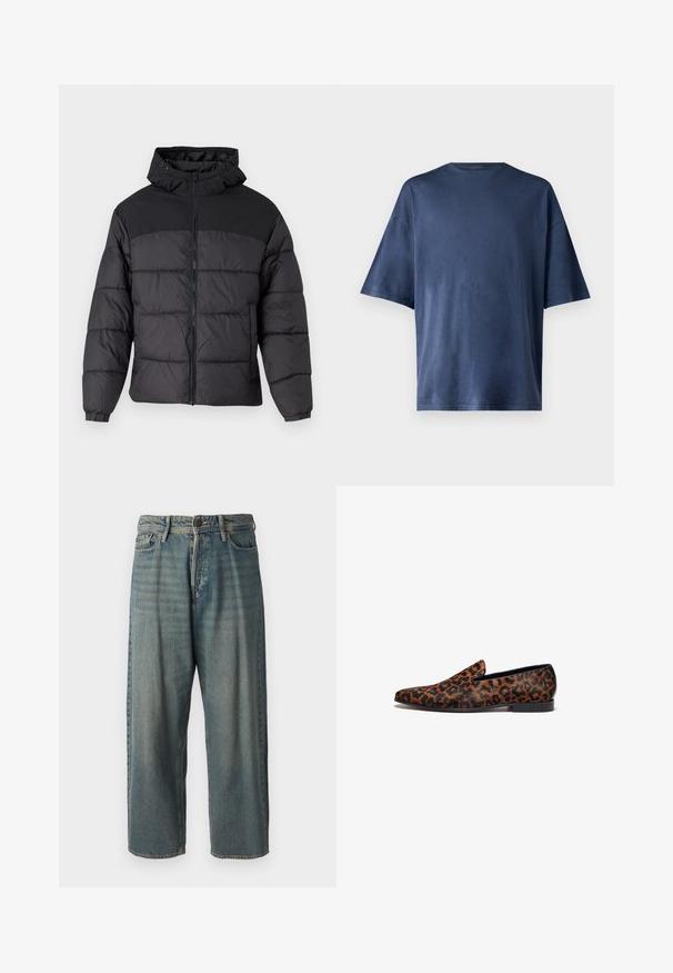 Mustas puffy jakk, millel on kapuuts, esi tõmblukk, elastsed varrukaotsad ja qm vapustav värveldisain. Ülemine osa on siledast kangast.; Tumesinine lühikeste varrukatega T-särk, valmistatud pehmest kangast, omab klassikalist ümarat kaelust ja mugavat lõiget, ilma nähtavate mustrite või aktsentideta.; Heledad sinine denim-stiilis teksad, volüümse lõike, keskmise kõrgusega talje ja sirgete säärega. Omab viit taskut, vöökumme ja nööpide sulgemist.; Leopardi mustriga mokasiinid, millel on voolav kuju, valmistatud tekstuuriga materjalist, madala kontsaga ja kontrastsete mustade aktsentidega.