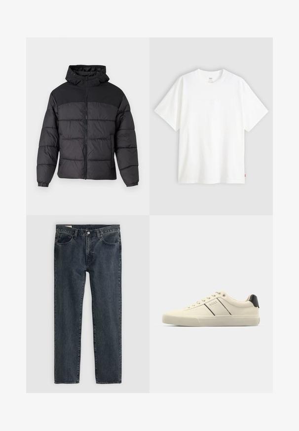 Crna puf jakna s kapuljačom, s prednjim zipom, elastičnim manžetama i kuglastim dizajnom. Gornji deo je od glatkog materijala.; Bijela kratka majica od pamuka s okruglim izrezom. Sadrži suptilni reljefni logo detalj sprijeda i crvenu oznaku na rubu.; Tamno plave traperice s ravnim nogavicama, pet džepova i zatvaranjem na dugme. Tkanina pokazuje suptilno blijeđenje i teksturu.; Kremaste tenisice glatke teksture, s crnim detaljima i logotipom. Klasični dizajn sa vezanjem, okrugli vrh i gumeni potplat.
