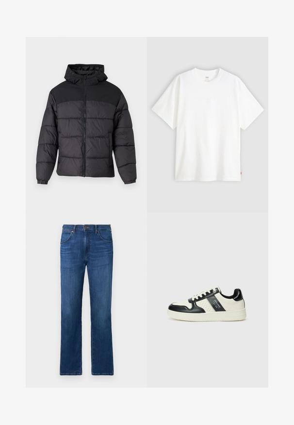 Juodas pūkinis švarkas su gobtuvu, turintis užtrauktuką priekyje, elastingas manžetai ir siūlėta tekstūra. Viršutinė dalis pagaminta iš lygaus audinio.; Baltas trumpas rankovės marškinėlis, pagamintas iš medvilnės, su apvalia iškirpte. Priekyje yra subtilus iškilus logotipas ir raudonas etiketas ant apačios.; Tamsiai mėlyni džinsai su tiesiomis kojomis, penkios kišenės ir sagtys juosmens srityje. Lygi tekstūra su subtiliu blukimu.; Odiniai sportbačiai juodos ir kreminės spalvų schemoje, su perforuotais akcentais, paminkštinta apykakle ir tekstūruotu padu.
