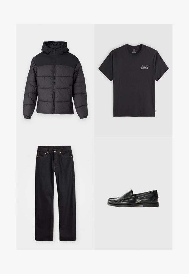 Svart puffjacka med huva, med dragkedja fram, elastiska ärmslut och en kviltad design. Översta delen har en slät tygkvalitet.; Svart bomulls t-shirt med kort ärm och rund hals. Har en liten vit grafisk tryck på vänster bröst. Slät textur.; Svart denimjeans för män med rak passform, fem fickor och orangea sömmar, med knäppning och dragkedja fram i midjan.; Replay DAFFY CITY - Slip-ins - black