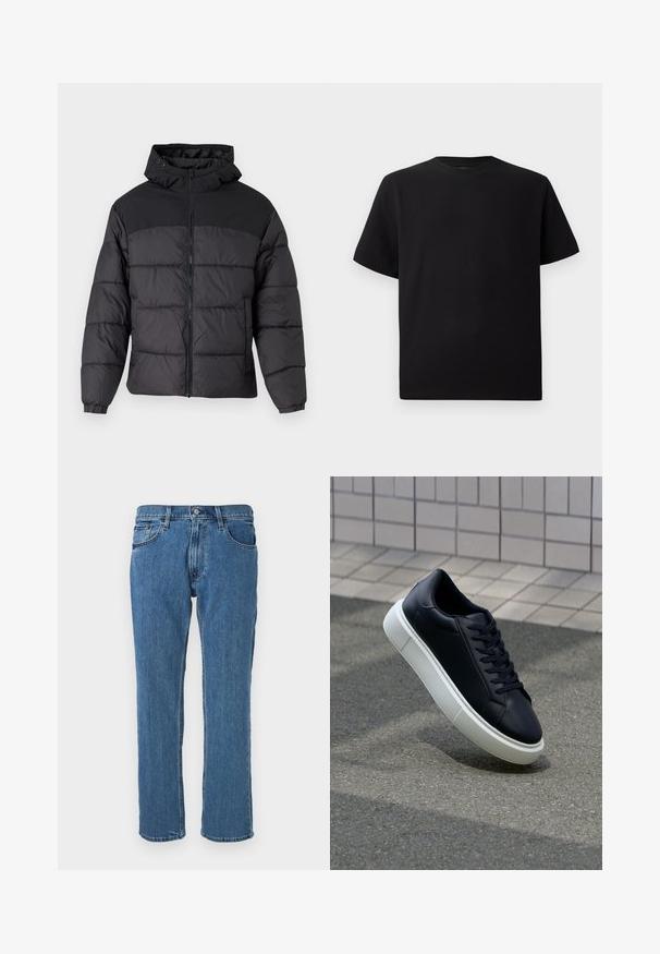 Juodas pūkinis švarkas su gobtuvu, turintis užtrauktuką priekyje, elastingas manžetai ir siūlėta tekstūra. Viršutinė dalis pagaminta iš lygaus audinio.; Juodas trumpomis rankovėmis marškinėliai, pagaminti iš tekstūruotos medžiagos, su apvaliu iškirpimu ir laisvu siluetu. Paprasti, be raštų ar akcentų.; Mėlyni džinsai su tiesiu sijonu, penkių kišenių stiliumi ir klasikine juosta su mygtuku ir užtrauktuku.; Juodas odinis sportbačius su apvaliu pirštu ir baltu gumuotu padu. Turi plokščias raišteles ir minimalų siuvimą viršuje. Padangos tekstūra užtikrina sukibimą.