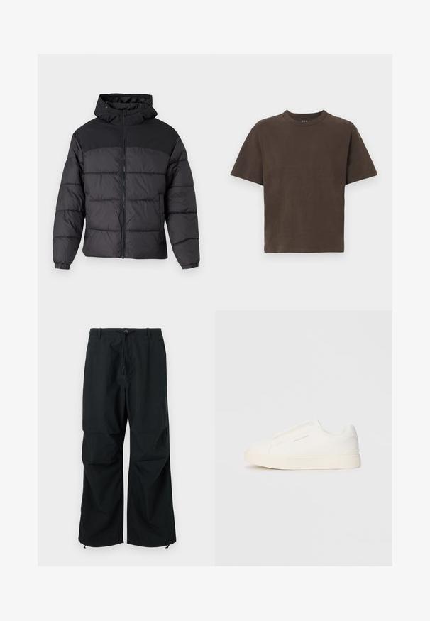 Fekete puffernadrág kapucnival, elöl cipzáros, rugalmas mandzsettákkal és steppelt dizájnnal. A felső része sima anyagból készült.; Barna pamut póló rövid ujjakkal és kerek nyakkivágással. Simaság jellemzi, minimalista dizájn, minta vagy egyéb részletek nélkül.; Fekete, bőszárú nadrág, húzózsinórral a deréknál és elasztikus szegélyekkel. Könnyű, texturált anyagból készült. Egyszerű dizájn.; Fehér slip-on sportcipők texturált felülettel, vastag talppal és minimalista dizájnnal. Az oldalon a márka logója található.