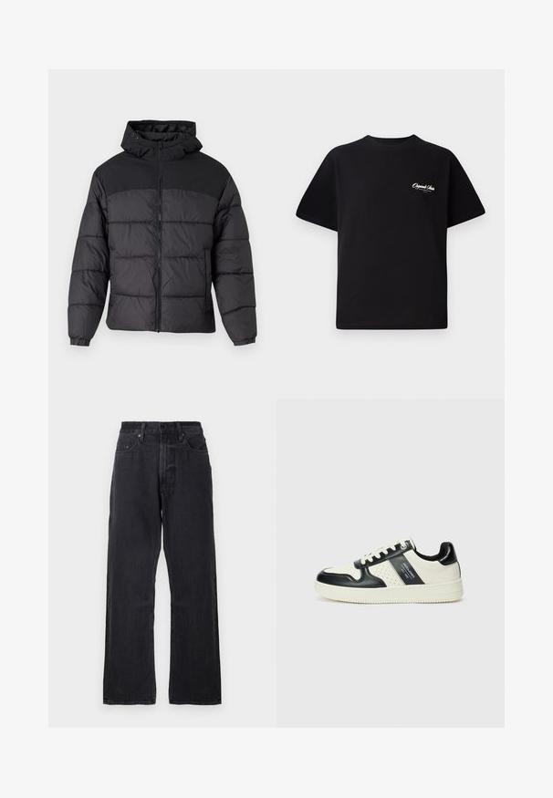 Black puffer jacket with a hood, featuring a zip front, elastic cuffs, and a quilted design. Upper section is smooth fabric.; Black cotton t-shirt featuring a crew neckline, short sleeves, and small white logo text on the left chest. Simple design, classic fit.; Black denim wide-leg jeans with a high waist, five-pocket design, and subtle texture details. Features a button and zipper closure.; Leather sneakers with a black and cream color scheme, featuring perforated accents, a padded collar, and a textured outsole.