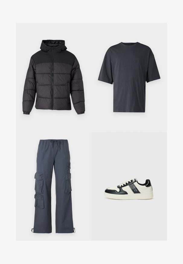 Black puffer jacket with a hood, featuring a zip front, elastic cuffs, and a quilted design. Upper section is smooth fabric.; Dark gray short-sleeve t-shirt made of lightweight cotton, featuring a loose fit and classic crew neckline, with plain texture and no patterns.; Dark gray cargo pants with an elastic waistband, multiple large pockets on the sides, and adjustable cuffs at the ankles.; Leather sneakers with a black and cream color scheme, featuring perforated accents, a padded collar, and a textured outsole.