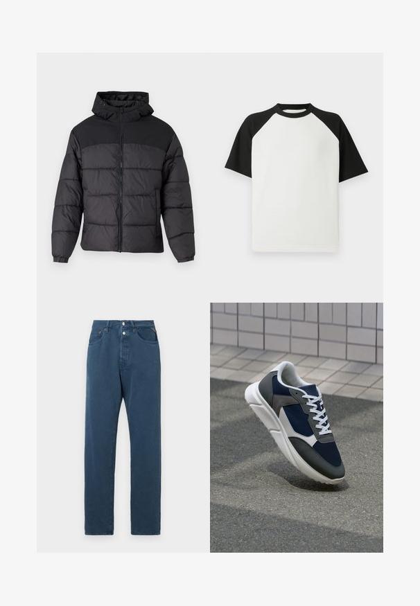Črna puhovka s kapuco, z zadrgo spredaj, elastičnimi manšetami in kvačkanjem. Zgornji del je iz gladkega materiala.; Črno-bela kratkotrajna majica s kratkimi rokavi z rebrasto teksturo; ima raglan rokave in okroglo ovratnico.; Modri kavbojke s ravnim krojem, ki imajo visok pas, dva sprednja žepa in žabico. Tkanina se zdi gladka in brez okrasnih detajlov.; Superge z zgornjim delom iz mrežaste tkanine v mornarsko modri barvi, sivi usnjeni poudarki, belo gumijasto podplato in ravnimi belimi vezalkami, zasnovane za udobje in zračnost.