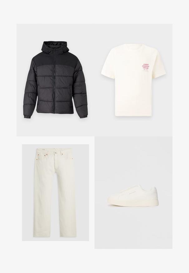 Czarna kurtka puchowa z kapturem, z zamkiem z przodu, elastycznymi mankietami i pikowanym wzorem. Górna część jest z gładkiego materiału.; Biała koszulka z krótkim rękawem z czerwonym napisem "Studio Originals Edition" po lewej stronie klatki piersiowej, wyeksponowana na neutralnym szarym tle.; Białe dżinsy o prostym kroju nogawki, zapięcie na srebrny guzik, pomarańczowe szwy i pięć kieszeni. Materiał ma gładką teksturę.; Białe sneakersy wsuwane z teksturowanej powierzchni, grubą podeszwą i minimalistycznym designem. Zawierają logo marki z boku.