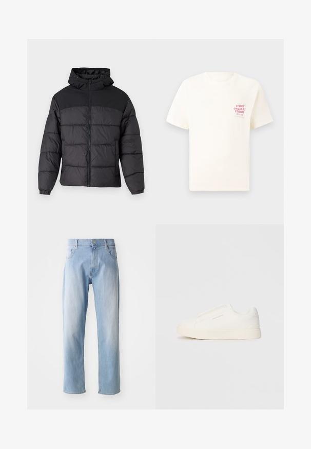 Juodas pūkinis švarkas su gobtuvu, turintis užtrauktuką priekyje, elastingas manžetai ir siūlėta tekstūra. Viršutinė dalis pagaminta iš lygaus audinio.; Balta trumpa rankovėmis marškinėliai su raudonu užrašu "Studio Originals Edition" kairiajame krūtinės šone, rodomi neutralioje pilkoje aplinkoje.; Šviesiai mėlynos džinsinės kelnės su tiesiu kojų kirpimu, turinčios penkis kišenes, sagčių uždarymą ir subtilius išblukimo efektus.; Baltos slip-on sportbačiai su tekstūruota paviršiumi, storesniu padu ir minimalistišku dizainu. Šone matosi prekės ženklo logotipas.