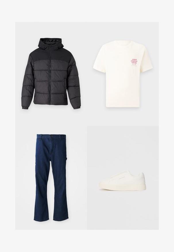 Giacca a vento nera con cappuccio, dotata di chiusura zip frontale, polsini elastici e un design trapuntato. La parte superiore è in tessuto liscio.; T-shirt bianco a maniche corte con testo rosso "Studio Originals Edition" sul lato sinistro del petto, esposto su uno sfondo grigio neutro.; Jeans in denim blu caratterizzati da un design a gamba dritta, una chiusura con bottone e due tasche laterali con una leggera sfumatura nella texture.; Sneakers bianchi slip-on con superficie texturizzata, suola spessa e design minimalista. Presentano il logo del marchio sul lato.