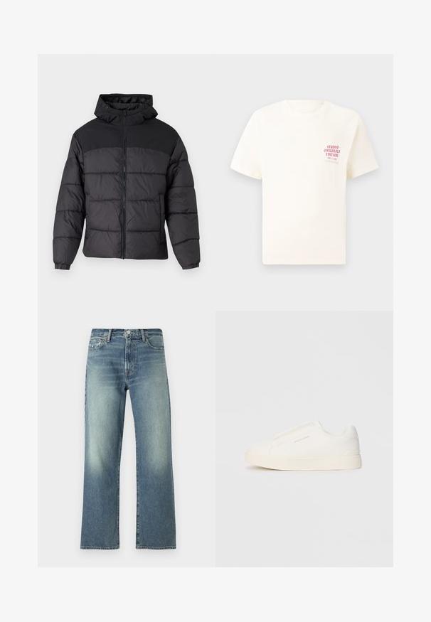 Svart puffjakke med hette, med glidelås foran, elastiske mansjetter og quiltet design. Øvre del har glatt stoff.; Hvit T-skjorte med korte ermer og rød tekst "Studio Originals Edition" på venstre bryst, vist på en nøytral grå bakgrunn.; Abercrombie & Fitch Baggy Jean - Baggy jeans - lagoon blue; Hvite slip-on joggesko med teksturert overflate, tykk såle og minimalistisk design. Har merkevarelogo på siden.