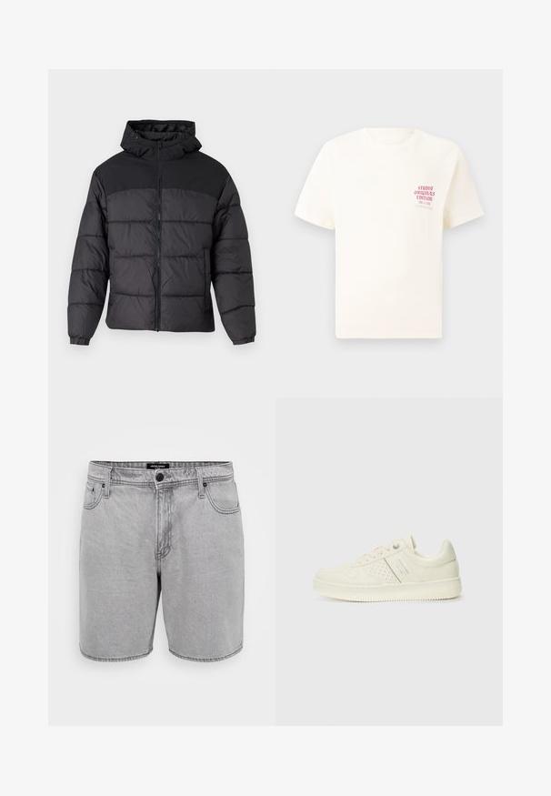 Mustas puffy jakk, millel on kapuuts, esi tõmblukk, elastsed varrukaotsad ja qm vapustav värveldisain. Ülemine osa on siledast kangast.; Valge lühikeste varrukatega T-särk, millel on vasakul rinnal punane tekst "Studio Originals Edition", esitatud neutraalsel hallil taustal.; Hallux metsade lühikesed teksad, sirge lõikega, ees on taskud, nööpidest sulguv eesmärk ja klassikaline viie taskuga disain.; Koor valged tossud perforatsiooni detailide, nööpide ja külje logo ka, esitatud ühtlase valge tausta ees.