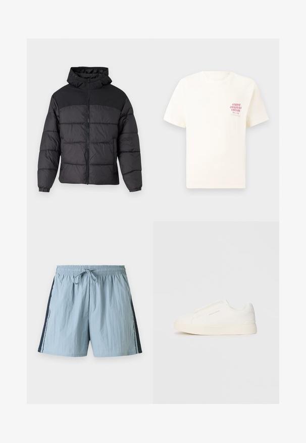 Black puffer jacket with a hood, featuring a zip front, elastic cuffs, and a quilted design. Upper section is smooth fabric.; White short-sleeve T-shirt with red text "Studio Originals Edition" on left chest, displayed on a neutral gray background.; Light blue swim shorts with an elastic waist and drawstring. Features navy side panels and white trim along the sides. Lightweight fabric.; White slip-on sneakers with a textured surface, a thick sole, and minimalistic design. Features brand logo on the side.