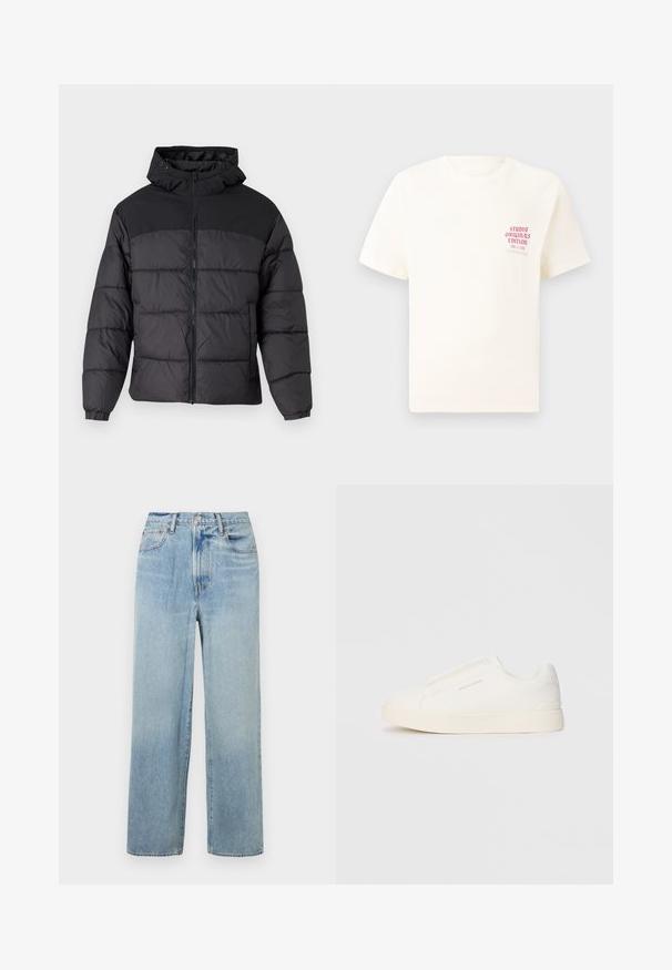 Svart puffjakke med hette, med glidelås foran, elastiske mansjetter og quiltet design. Øvre del har glatt stoff.; Hvit T-skjorte med korte ermer og rød tekst "Studio Originals Edition" på venstre bryst, vist på en nøytral grå bakgrunn.; Lyseblå, rette denimjeans med høy midje, som har fem lommer og subtil fading. Ubehandlet nederkant og kontraststingdetaljer.; Hvite slip-on joggesko med teksturert overflate, tykk såle og minimalistisk design. Har merkevarelogo på siden.