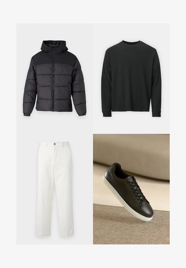 Mustas puffy jakk, millel on kapuuts, esi tõmblukk, elastsed varrukaotsad ja qm vapustav värveldisain. Ülemine osa on siledast kangast.; Pika pikkade varrukatega must T-särk, mis on valmistatud puuvillast, ümarate kaelustega, lohvaka lõikega ja soonikute mansettidega. Sujuv tekstuur, ilma nähtavate mustriteta.; Valged puuvillased püksid, millel on sirge lõikega disain, ees olevad taskud ja nupuga sulgemine vööl. Sile tekstuur.; Mustad nahast tennisetossud valge kummist tallaga ja mustade paeltega, paigutatud beežile kangapinnale ja -taustale.