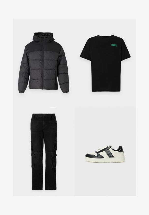 Black puffer jacket with a hood, featuring a zip front, elastic cuffs, and a quilted design. Upper section is smooth fabric.; Black t-shirt made of cotton with short sleeves. Features a green "ROOTS" logo on the front, round neckline, and standard fit.; Black denim trousers with a straight leg design, featuring two side cargo pockets and a classic button closure. Textured fabric with minimal fading.; Leather sneakers with a black and cream color scheme, featuring perforated accents, a padded collar, and a textured outsole.