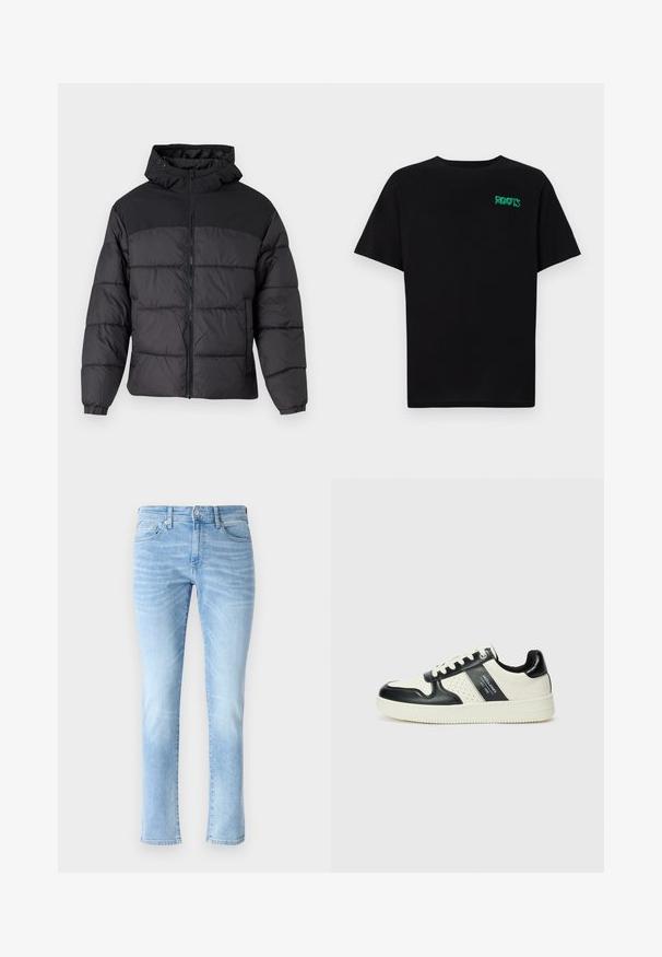 Giacca a vento nera con cappuccio, dotata di chiusura zip frontale, polsini elastici e un design trapuntato. La parte superiore è in tessuto liscio.; T-shirt nera in cotone con maniche corte. Presenta un logo verde "ROOTS" sulla parte frontale, colletto rotondo e vestibilità standard.; Jeans in denim azzurro chiaro con vestibilità slim, design a cinque tasche e dettagli di leggero sbiadimento, caratterizzati da un classico taglio dritto e chiusura con bottone.; Sneakers in pelle con una combinazione di colori nero e crema, dotati di dettagli perforati, collare imbottito e suola testurizzata.