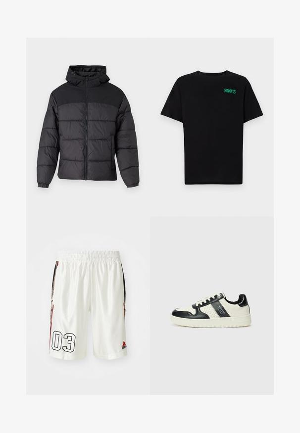 Černá péřová bunda s kapucí, se zipem v přední části, elastickými manžetami a prošívaným designem. Horní část je z hladkého materiálu.; Černé tričko vyrobené z bavlny s krátkým rukávem. Na přední straně se nachází zelené logo "ROOTS", kulatý výstřih a standardní střih.; Bílé sportovní šortky s elastickým pasem. Obsahují velký černý potisk "03" a boční panely s vzorovaným designem. Přítomno logo Adidas.; Kožené tenisky s černobílou barevnou kombinací, které mají perforované detaily, polstrovaný límec a texturovanou podrážku.