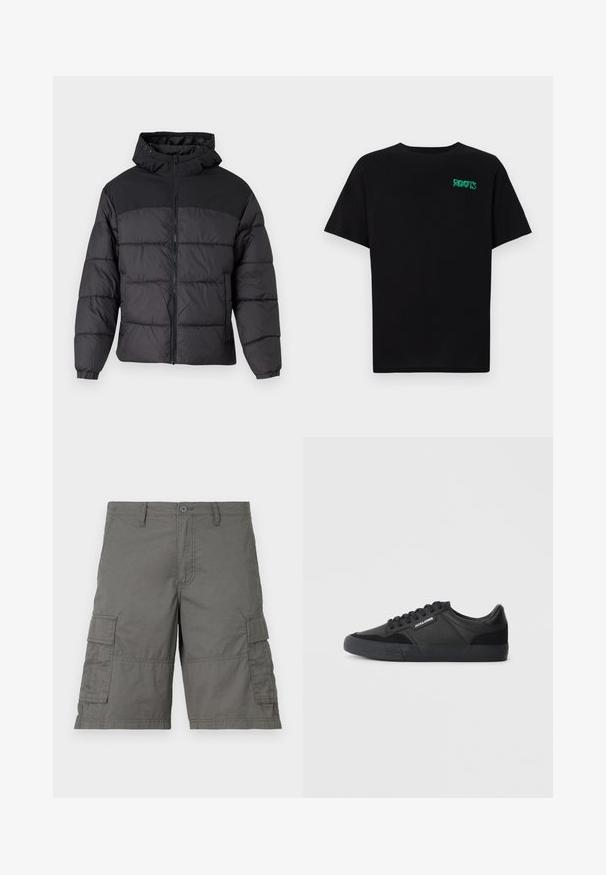 Black puffer jacket with a hood, featuring a zip front, elastic cuffs, and a quilted design. Upper section is smooth fabric.; Black t-shirt made of cotton with short sleeves. Features a green "ROOTS" logo on the front, round neckline, and standard fit.; Gray cargo shorts featuring a button closure, multiple side pockets, and stitching details. Made from lightweight, durable fabric.; Black sneakers with a mix of leather and suede materials, featuring round laces, textured rubber sole, and a brand logo on the side.