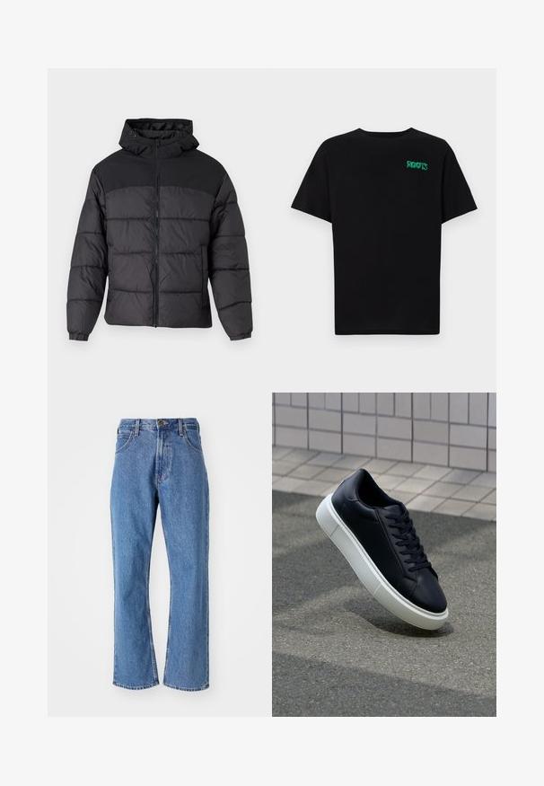 Czarna kurtka puchowa z kapturem, z zamkiem z przodu, elastycznymi mankietami i pikowanym wzorem. Górna część jest z gładkiego materiału.; Czarna koszulka z bawełny z krótkim rękawem. Posiada zielone logo "ROOTS" z przodu, okrągły dekolt i standardowy krój.; Niebieskie spodnie dżinsowe z wysokim stanem, prostymi nogawkami, przednimi kieszeniami, szlufkami na pasek oraz z zapięciem na guzik na białym tle.; Czarne skórzane sneakersy z okrągłym noskiem i białą gumową podeszwą. Posiadają płaskie sznurowadła i minimalne przeszycia na cholewce. Teksturowana podeszwa zapewnia przyczepność.