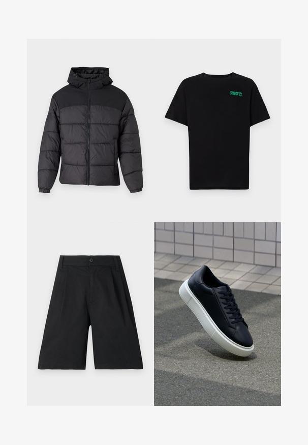Black puffer jacket with a hood, featuring a zip front, elastic cuffs, and a quilted design. Upper section is smooth fabric.; Black t-shirt made of cotton with short sleeves. Features a green "ROOTS" logo on the front, round neckline, and standard fit.; Black shorts made of cotton, featuring a straight cut, pleats, a button closure, and a smooth texture. No visible patterns or accents.; Black leather sneaker with rounded toe and white rubber sole. Features flat laces and minimal stitching on the upper. Textured sole for grip.